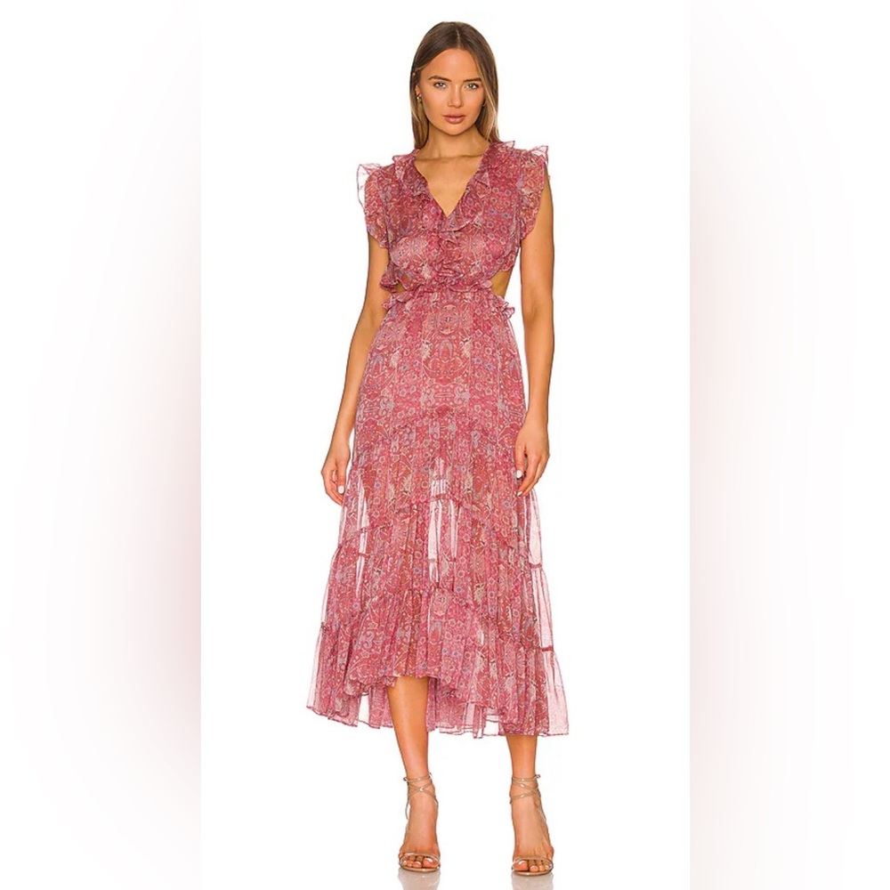 MISA Los Angeles Natasha Pink Lace Tiered Midi Dress Romantic Boho Size Large